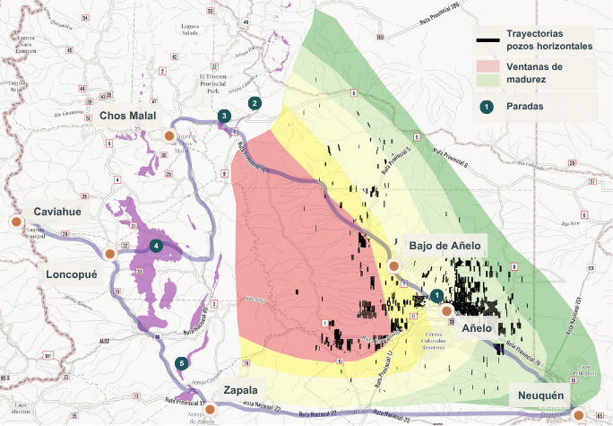 Mapa del recorrido por la Cuenca Neuquina con paradas en Añelo, Bajo de Añelo, Chos Malal, Caviahue, Loncopué y Zapala; incluye ventanas de madurez y trayectorias de pozos horizontales